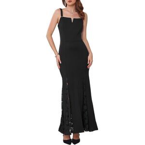 Straps Elegant Cocktail Maxi Formal Gown with Lace Insert Black